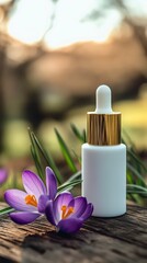 Skincare bottle surrounded by crocus flowers on table