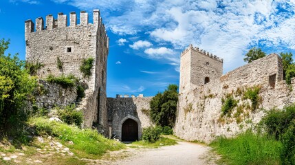 Medieval stone fortress with ancient defensive gate