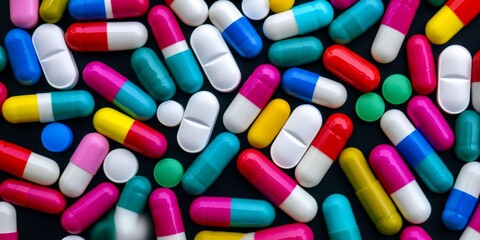 Assorted colorful pills healthcare medicine pharmaceutical background