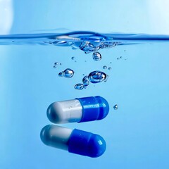 Blue capsules floating underwater science medicine healthcare