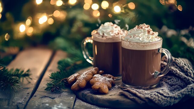 Hot chocolate with cream marshmallows and cinnamon sticks