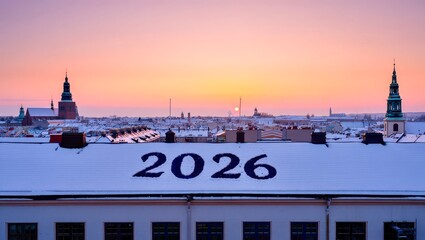 Snowy rooftops view with 2026 written in snow