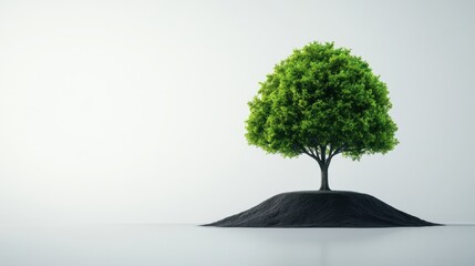 Serene Green Tree on a Minimalistic Hill against Calm Neutral Background