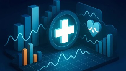 An abstract illustration of health data visualization, featuring graphs and medical symbols in vibrant blue tones. - Powered by Adobe