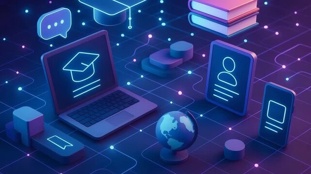 A digital education concept featuring laptops, books, and globe in a vibrant, tech-inspired environment. - Powered by Adobe