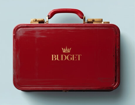 red leather suitcase that depicts or illustrates the UK budget as a concept