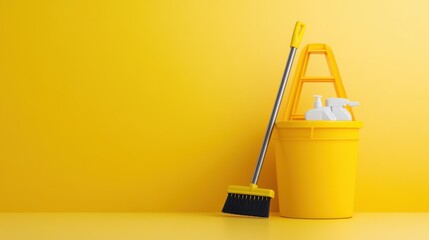 Cleaning Supplies on Bright Yellow Background for Cleaning Services