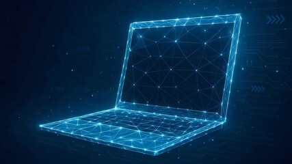 Futuristic digital laptop illustration with glowing lines and nodes, representing the concept of modern technology and innovation. - Powered by Adobe