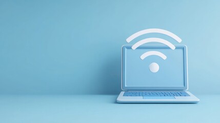 Modern laptop illustration with wi-fi symbol on pastel blue background