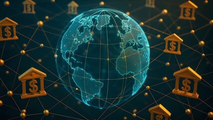 A digital globe interconnected by lines representing finance, banking, and global trade with symbolic bank icons. - Powered by Adobe