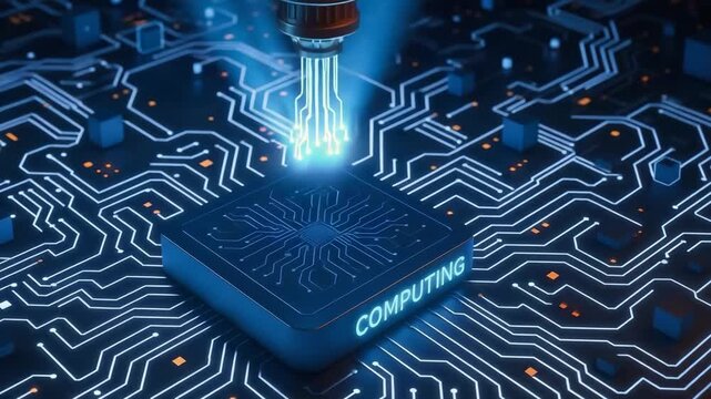 An abstract representation of computing technology with a glowing circuit board and illuminating connections. - Powered by Adobe