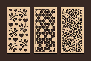 Decorative panels with bees and honeycomb pattern. Vector design for home interior decor, privacy screen, wall art, room dividers. Template for laser, cnc, plasma and plotter cutting