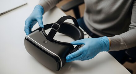 Person wearing blue gloves holding a black virtual reality headset on a white table.