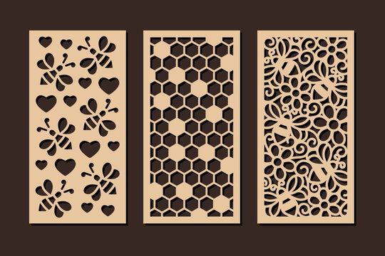 Decorative panels with bees and honeycomb pattern. Vector design for home interior decor, privacy screen, wall art, room dividers. Template for laser, cnc, plasma and plotter cutting