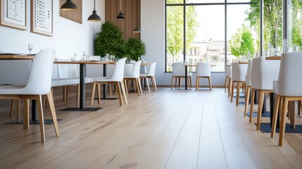 Modern Restaurant Interior with Wooden Floors and Elegant Dining Setup