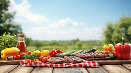 Fresh Grilled Meat and Colorful Vegetables on Wooden Table Outdoors