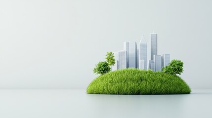 Eco-Friendly City Concept with Miniature Skyscrapers Surrounded by Grass