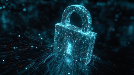 Cyber Security Lock: A digital padlock, constructed from shimmering particles, stands as a fortress of data protection in the digital realm.