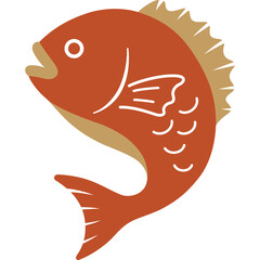 Stylized illustration of a red fish with tan fins and accents against a transparent background conveying aquatic life and movement