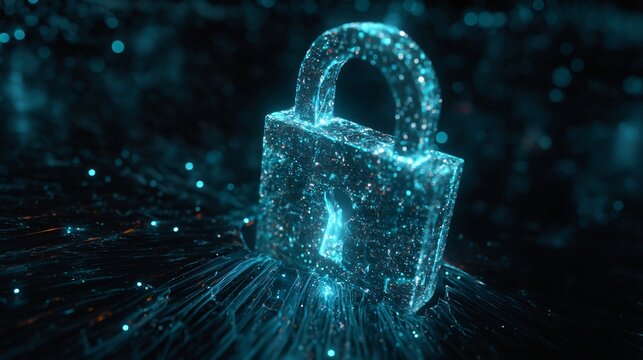 Cyber Security Lock: A digital padlock, constructed from shimmering particles, stands as a fortress of data protection in the digital realm.