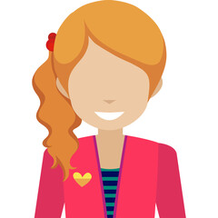 Stylized illustration of a smiling woman with reddish-orange hair tied in a side ponytail featuring a red ribbon and wearing a pink blazer over a striped shirt 
