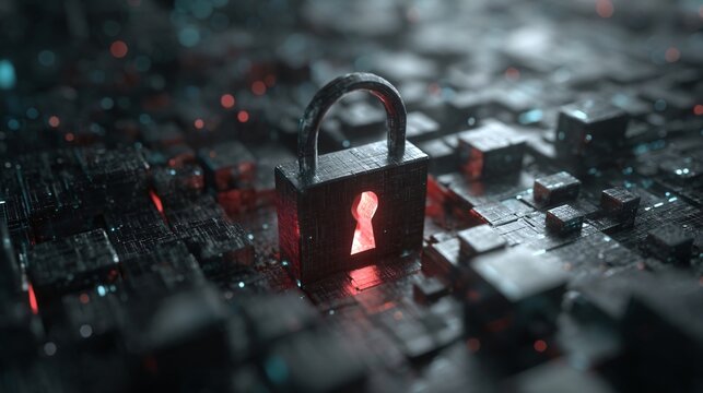Cyber Security Fortress: A close-up view of a secure padlock at the center of a technological landscape, emphasizing digital security and protection. 