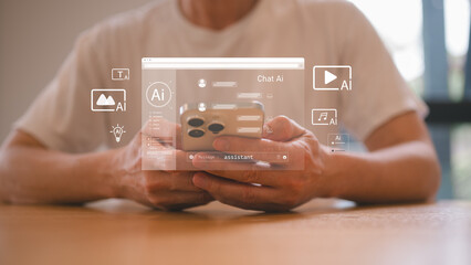Businessman using smartphone with an ai interface overlayed on the screen AI chatbot on smartphone for customer service and automation technology solution