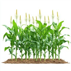 Vibrant Green Corn Plants Growing with Tall Ears Against White Background