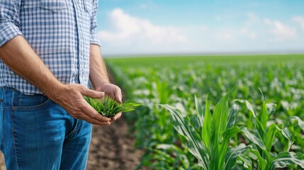 Farmer Examining Young Corn Plant in Lush Agricultural Field Under Sky