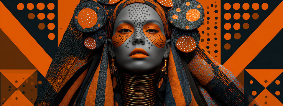 A stylish black woman in afrofuturistic attire with bold makeup and geometric shapes