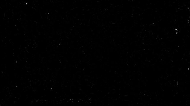 Film grain dust effect animation with white organic particles texture motion on black background. 4K animated overlay for old film texture effect, retro cinematic scenes, and storytelling visuals.