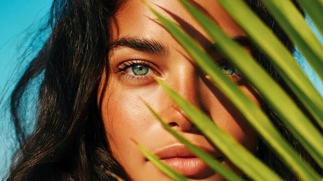 Close-up portrait of a woman with striking green eyes partially framed by tropical palm leaves in warm sunlight, showcasing natural beauty and summer vibes