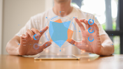 Businessman using tablet with an ai interface overlayed abstract data visualizations and charts floating analyzing financial data and performance charts, representing growth and success. Impute