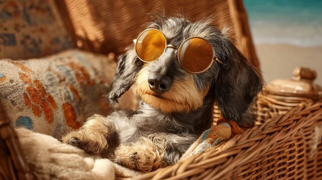 Relaxed Canine Vacation: A Dachshund, donning stylish sunglasses, lounges in a wicker basket on a sunny beach, exuding carefree vibes.
