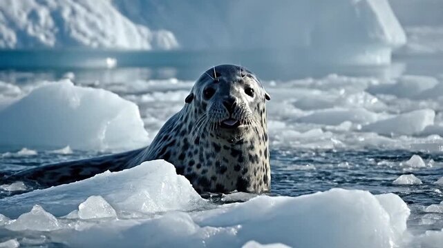Antarctic leopard seal surfacing amid brash ice, breath plume, telephoto.