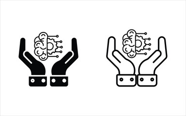 A pair of hands holding a brain with an integrated circuit board, representing artificial intelligence management, technology development, smart data protection, and the concept of digital knowledge.