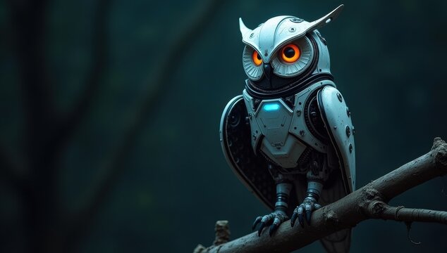 Android Owl &mdash; Futuristic Cybernetic Bird with Holographic Eyes