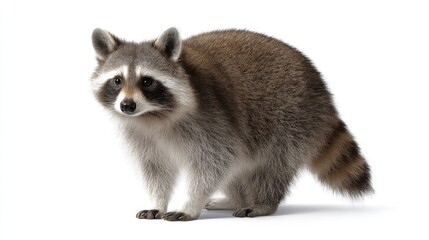 Obraz premium A curious raccoon poses against a white background. Its unique markings and fluffy tail make it a charming subject. Perfect for nature enthusiasts and wildlife lovers. AI