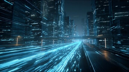 Digital City Highway: A mesmerizing digital cityscape with illuminated skyscrapers and speeding lines of light, showcasing the future of technology and urban development.