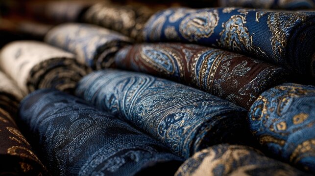 Colorful Rolls of Ornate Fabric in Deep Blues and Rich Browns Displaying Intricate Patterns and Textures for Textile and Fashion Projects