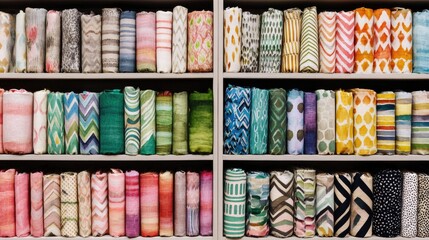 Colorful Display of Rolled Fabrics in Neat Rows on Shelves, Perfect for Craft and DIY Projects with Vibrant Patterns and Textures in a Design Studio