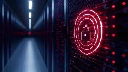 A high-tech server room showcasing digital security with a glowing lock symbol, representing cybersecurity and data protection. - Powered by Adobe