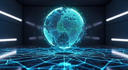 Dynamic digital earth network connects global data streams in futuristic dark holographic data center with glowing neon blue lines