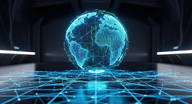 Global digital network visualization connecting continents with futuristic glowing lines, representing data flow and international communication in a modern, high-tech environment.