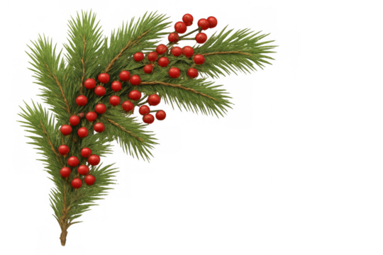 Christmas pine branch with red berries and green needles, festive holiday season decoration on transparent background