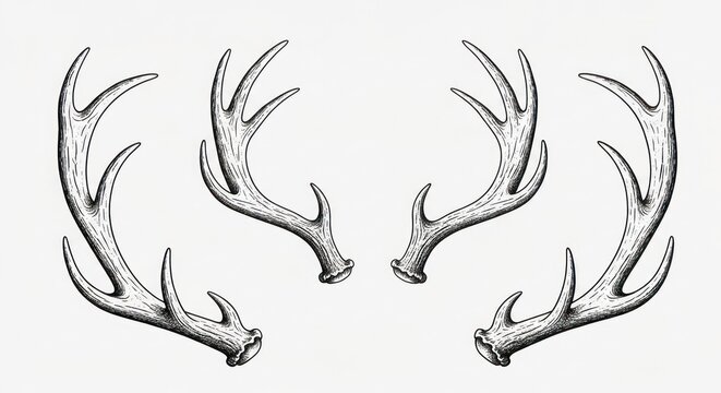 Detailed sketch of four sets of deer antlers arranged symmetrically - Powered by Adobe