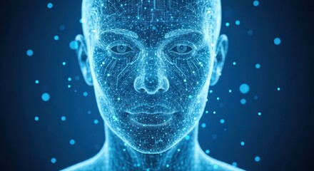 Female face depicted as a digital network, blue glowing dots & lines connect