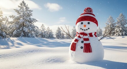 Obraz premium Cheerful snowman in red scarf and hat standing in a serene winter landscape with snow-covered trees