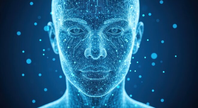 Female face depicted as a digital network, blue glowing dots & lines connect