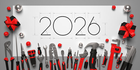 2026 New Year design template with construcrion tools set. 3d render illustration on engineering, construction, interior finishing, repair and maintenance theme.